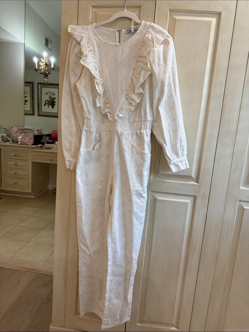 En Saison White Ruffled Long Sleeve Jumpsuit